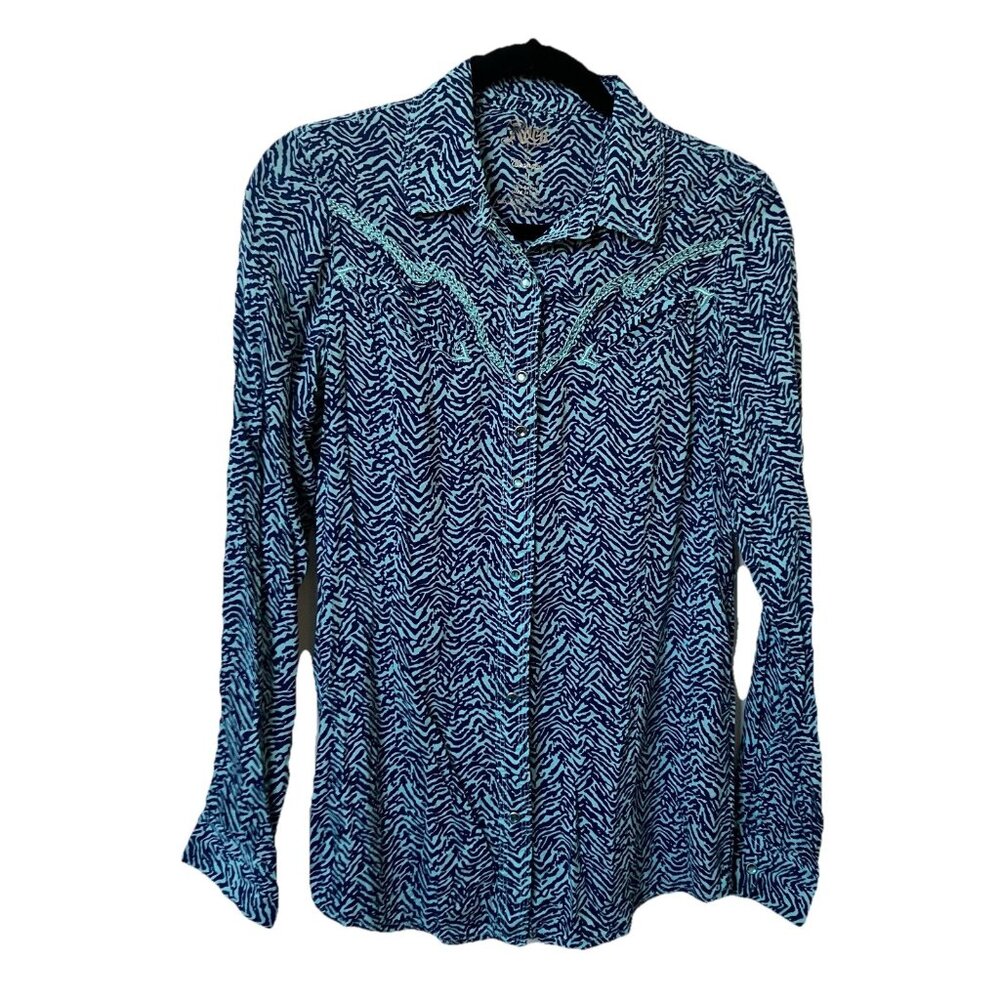 Y2K Rock 47 Wrangler Pearl Snap Shirt Womens M‎ Blue Animal Print 2000s Western